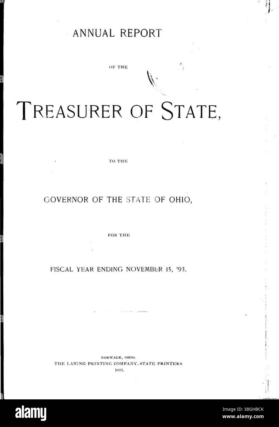 Der Jahresbericht 1893 des Treasurer of State an den Gouverneur von Ohio beschreibt die Finanzaktivitäten für das Jahr, einschließlich der Staatseinnahmen und -Ausgaben. Der Bericht deckt den Zeitraum ab, der am 15. November 1893 endet, und trägt den Titel The Ohio Annual Report for 1983/84. Stockfoto