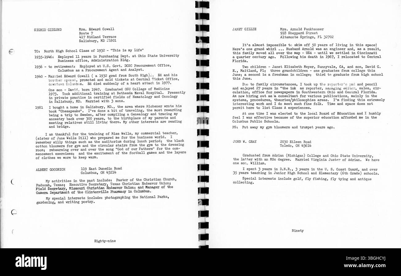 Das 1982 50. Reunion Booklet enthält Erinnerungen und Fotos aus der Klasse 1932 der North High School. Sie beleuchtet die Geschichte der Schule, einschließlich ihres ersten Baues im Jahr 1893 und späterer Ersetzung im Jahr 1924. Das von Frank L. Packard entworfene Gebäude wurde 1924 durch ein neues Gebäude an der 100 East Arcadia Avenue ersetzt. Heute befindet sich die Columbus International High School, die 2012 wieder eröffnet wurde. Stockfoto