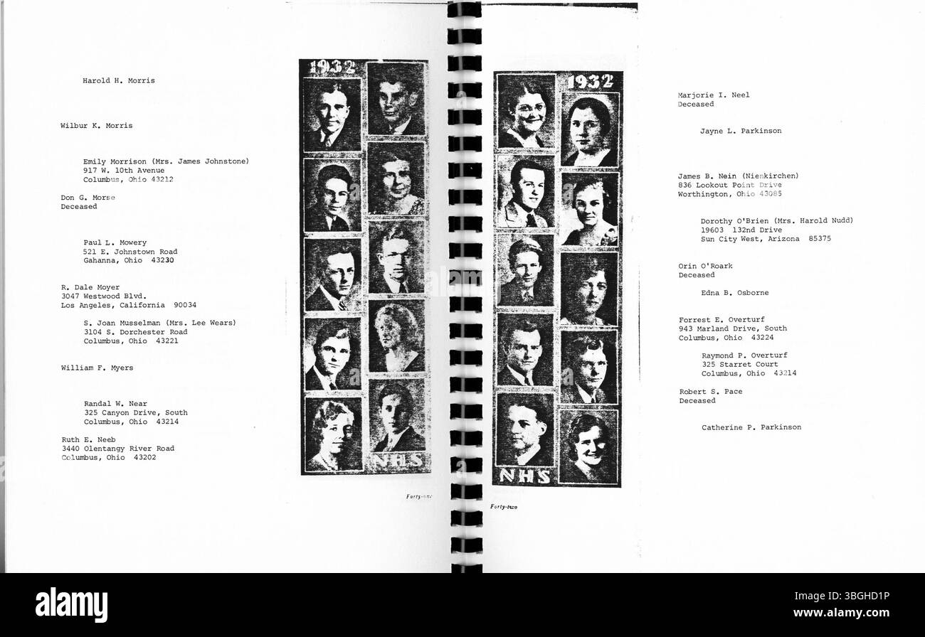 Das Heft zum Wiedersehen 1982 erinnert an den 50. Jahrestag der Klasse 1932 der North High School. Das Heft enthält Briefe und Fotos von Klassenkameraden. Die North High School, die ursprünglich 1893 erbaut wurde, wurde über 35 Jahre lang von Charles D. Everett geleitet. Das ursprüngliche Gebäude im romanischen Stil wurde 1924 durch ein neues Gebäude an der 100 East Arcadia Avenue ersetzt. Die Schule wurde 1979 geschlossen und 2012 als Columbus International High School wieder eröffnet. Stockfoto