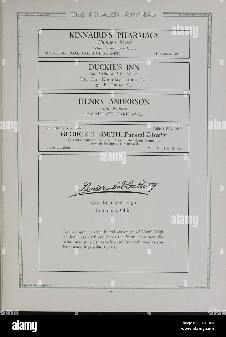 Die Ausgabe 1928 des Polaris Annual erinnert an die Geschichte der North High School von ihrem Bau im Jahr 1892-3 bis zu ihrer Ersetzung im Jahr 1924. Nach der Schließung der Schule 1979 wurde sie 2012 als Columbus International High School wieder eröffnet. Stockfoto