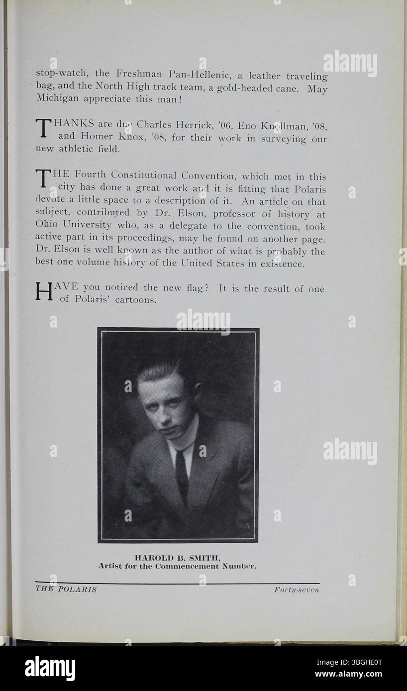 Das Jahrbuch „Polaris“ von 1912 der North High School bietet einen historischen Überblick über die 1893 gegründete Schule. Das von Frank L. Packard entworfene Gebäude wurde 1924 ersetzt und wurde 2012 zur Columbus International High School. Stockfoto