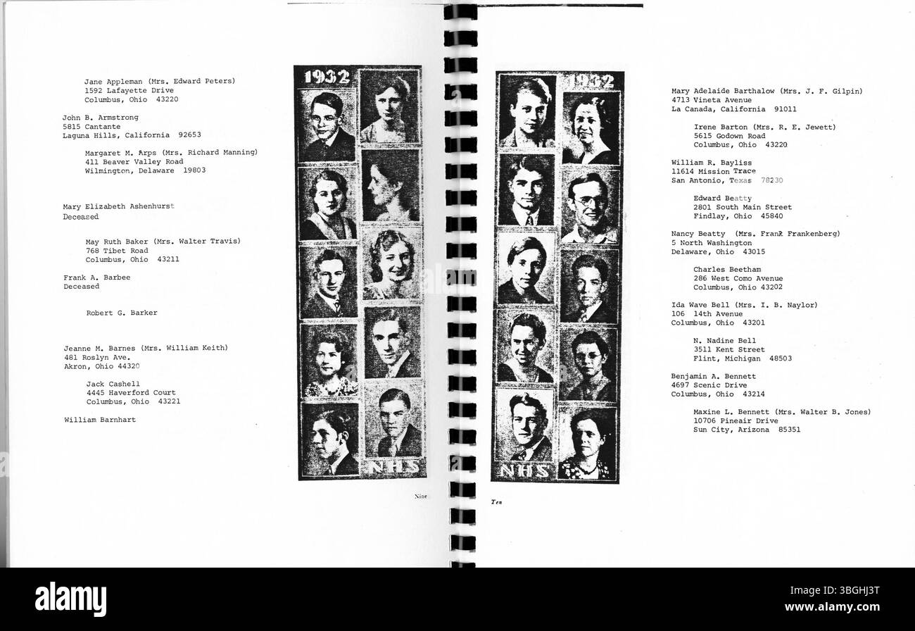 Ein Souvenir-Heft vom 50. Klassentreffen der North High School von 1932. Es enthält Bilder der Highschool, Briefe der Klassenkameraden und eine Reflexion über die Geschichte der Schule, einschließlich ihrer architektonischen Entwicklung und schließlich Schließung im Jahr 1979. Die Schule wurde später als Columbus International High School wiedereröffnet. Stockfoto