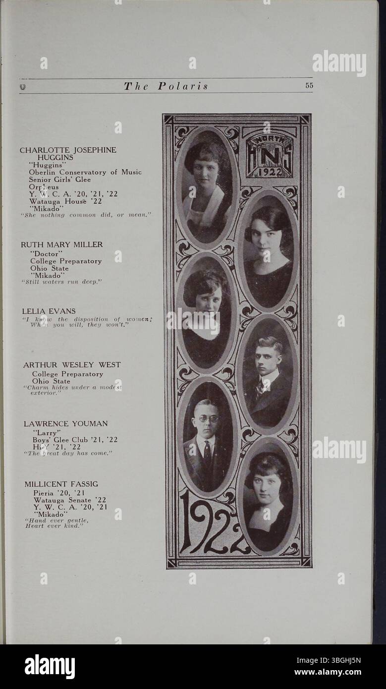 Die Ausgabe 1922 des Jahrbuchs „The Polaris Annual“ erfasst die reiche Geschichte der North High School, einschließlich der langen Amtszeit von Direktor Charles D. Everett. Das ursprüngliche Gebäude, entworfen von Frank L. Packard, wurde 1924 ersetzt und die Schule wurde 2012 zur Columbus International High School. Stockfoto