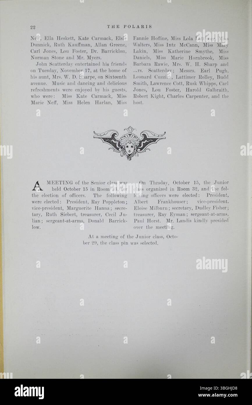Das Herbstjahrbuch 1908 mit dem Titel „The Polaris“ zeigt die frühe Geschichte der North High School. Der romanische Stil der Schule wurde von Frank L. Packard entworfen und 1892 eröffnet. 1924 wurde es durch ein neues Gebäude ersetzt, das 2012 als Columbus International High School wieder eröffnet wurde. Stockfoto