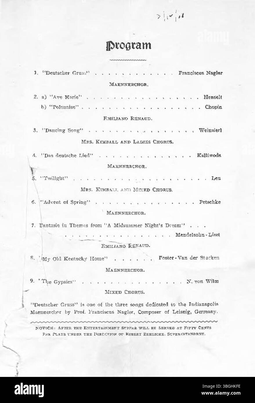 Das dritte Konzert des Indianapolis Maennerchor fand am 12. März 1908 im Maennerchor-Gebäude statt. Der Abend bot eine Reihe musikalischer Darbietungen, die die lange Tradition der Gesellschaft der öffentlichen Musikveranstaltungen fortsetzten. Stockfoto