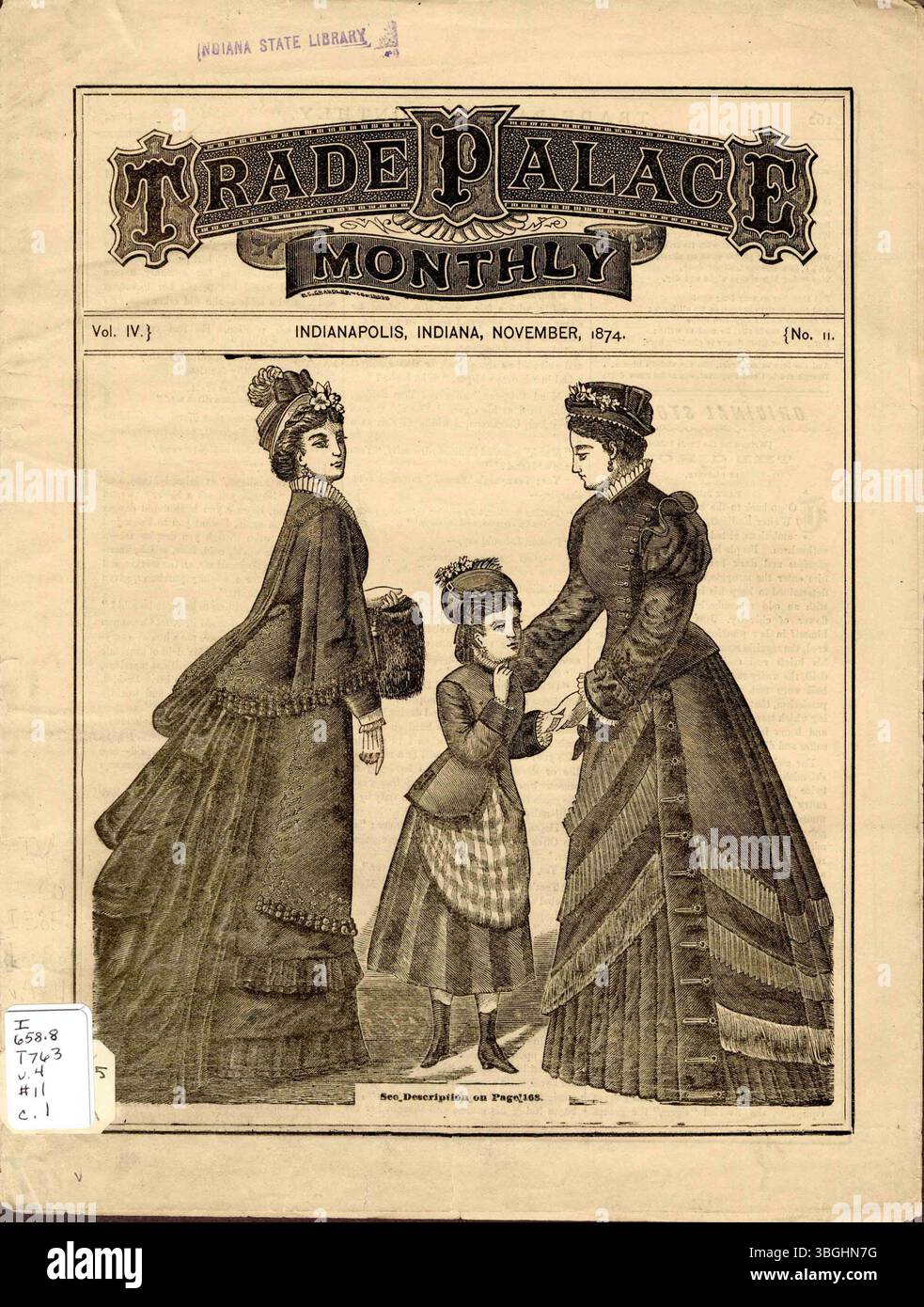 Auf dieser Seite von The Trade Palace Monthly (September bis Dezember 1874) finden Sie Inhalte zu den Merchandise-Artikeln, Modetrends und allgemeinen interessanten Artikeln des Geschäfts. Die Publikation dient als Vorläufer des L.S. Ayres Department Store und bietet einen Einblick in die Geschichte des Einzelhandels im späten 19. Jahrhundert. Stockfoto
