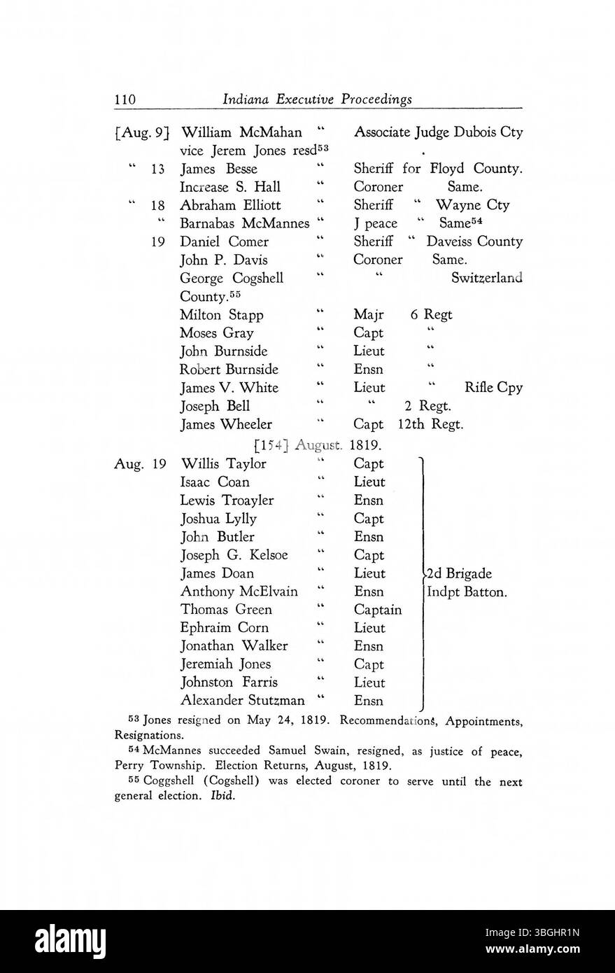 Das Exekutivverfahren des Bundesstaates Indiana 1816-1836 dokumentiert die Aktivitäten und Entscheidungen der Regierung Indianas während ihrer frühen Staatlichkeit. Diese Seite bietet einen Einblick in die Legislativ-, Justiz- und Exekutivfunktionen zu diesem Zeitpunkt. Stockfoto