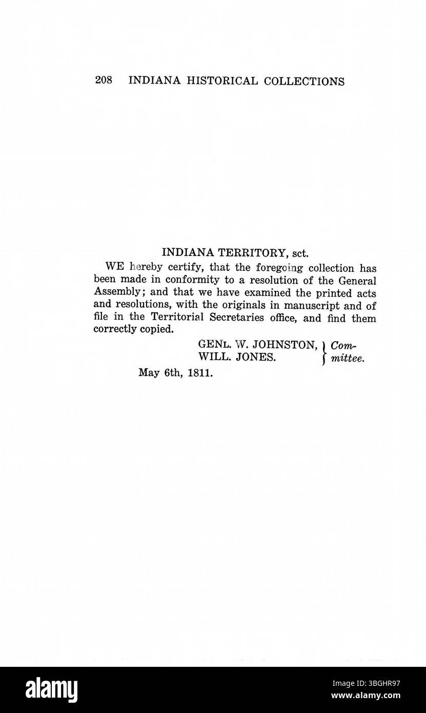 Dieses Dokument beschreibt die Gesetze des Indiana Territoriums von 1809 bis 1816 und stellt rechtliche Rahmenbedingungen und Vorschriften für diesen Zeitraum bereit. Sie umfasst wichtige territoriale Rechtsvorschriften, rechtliche Präzedenzfälle und historische Zusammenhänge, die für Indianas frühe Regierungsführung relevant sind. Stockfoto