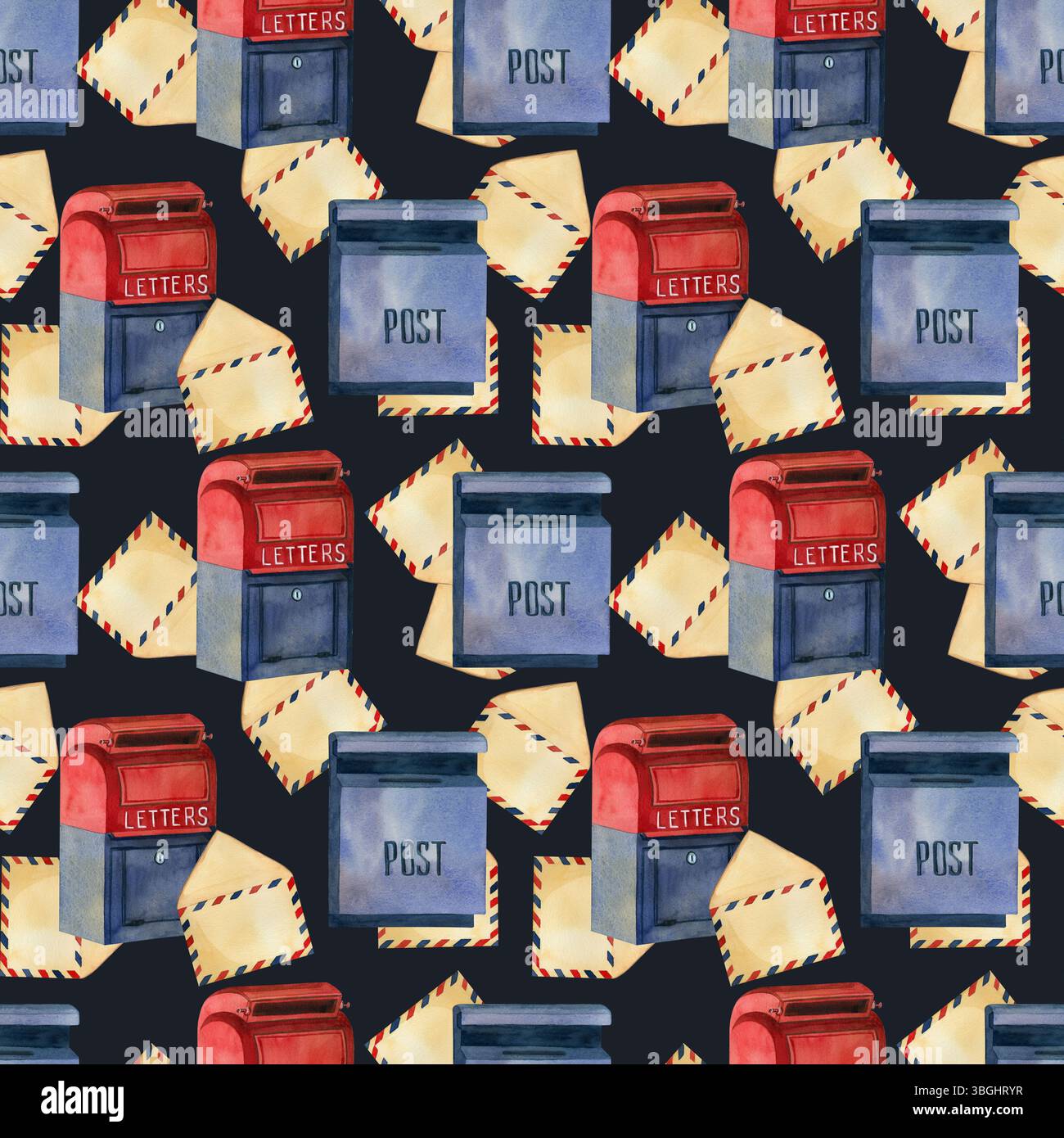 Nahtloses Aquarellmuster zum Thema Post mit dunklem Hintergrund. Blaue und rote Postfächer, Briefe, Umschläge. Alle Objekte werden mit handgezeichnet Stockfoto