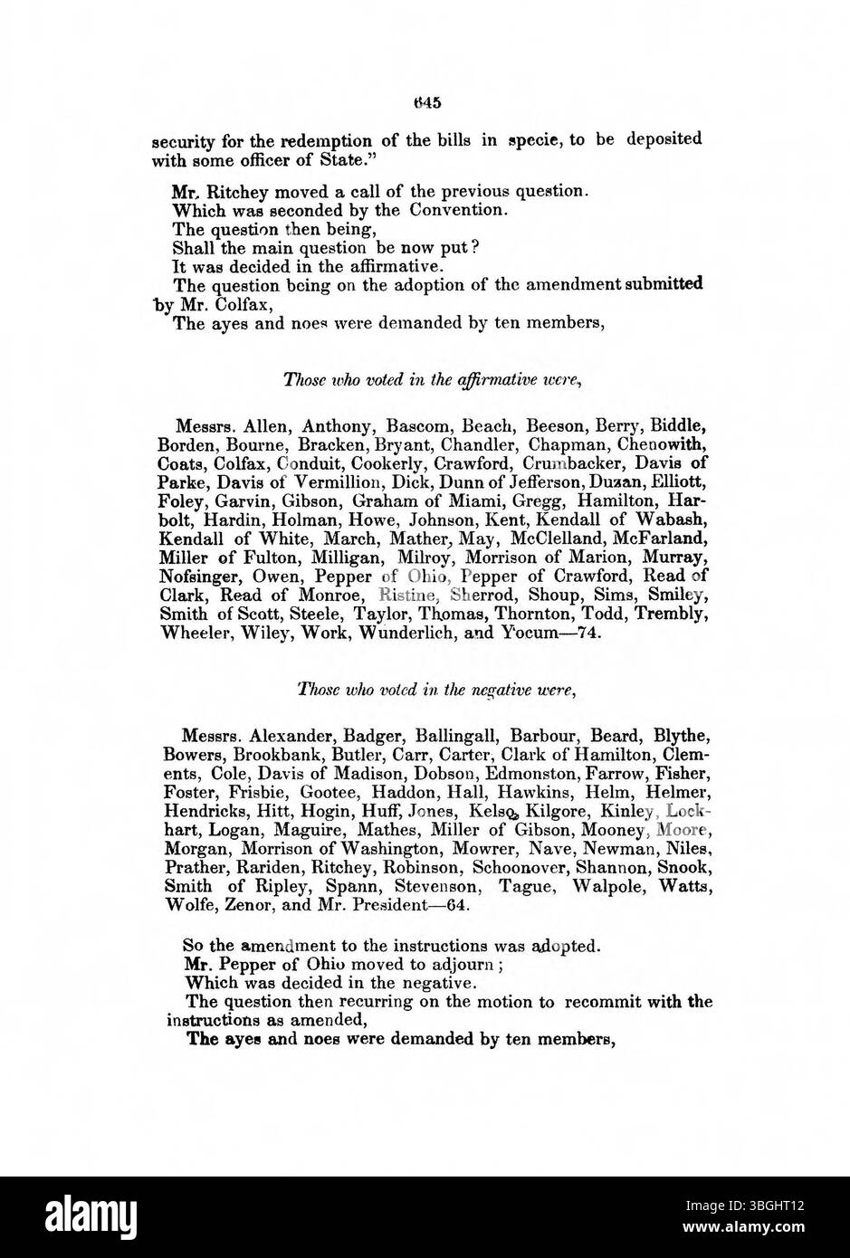 Das 1850 Journal of the Convention of the People of Indiana enthält Verfahren, die sich auf die Verfassungsänderungen des Staates beziehen. Dieser Eintrag auf Seite 646 gibt einen Einblick in die Überlegungen und Entscheidungen, die während des Kongresses 1850 getroffen wurden, und dokumentiert das politische Klima und die Veränderungen, die für die damalige Regierung Indianas vorgeschlagen wurden. Stockfoto