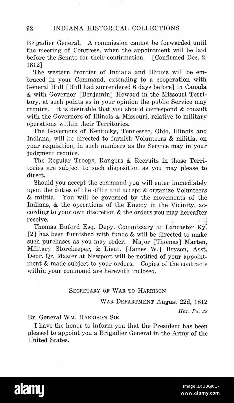 Diese Seite in der Sammlung von Harrisons Botschaften und Briefen zeigt wichtige Momente in seiner Regierungsführung von Indiana, zusammen mit Korrespondenz anderer Gouverneure wie John Gibson und Thomas Posey. Stockfoto