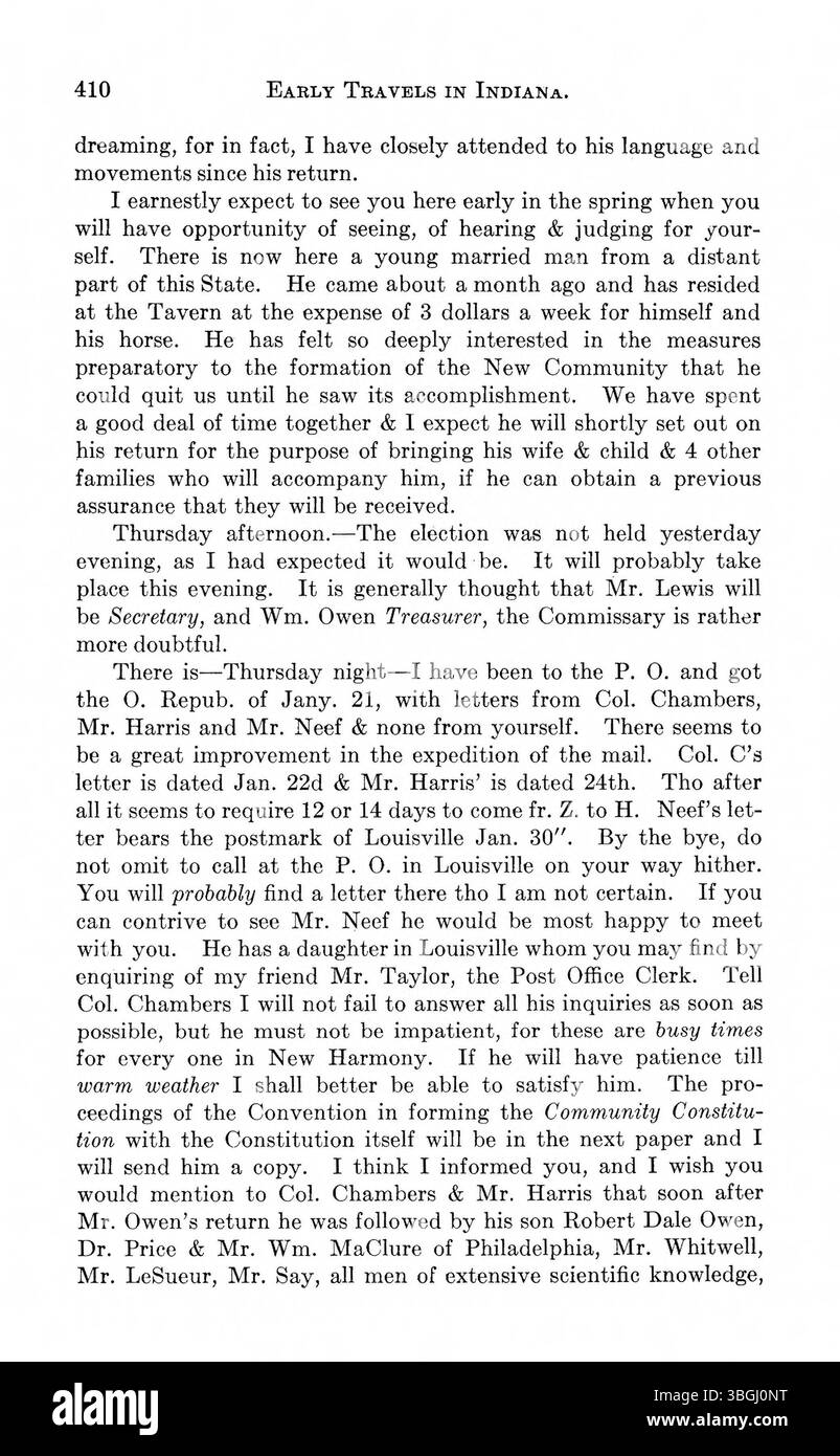 Dieses Dokument mit dem Titel „Indiana as seen by Early Travelers“ beschreibt die Region Indiana von einer Reihe von Entdeckern aus dem 18. Und 19. Jahrhundert. Bemerkenswerte Werke sind unter anderem die von Thomas Hutchins, George Imlay und David Thomas. Es umfasst verschiedene Perspektiven auf Indianas Geographie, Boden, Klima und frühe Besiedlung im späten 18. Und frühen 19. Jahrhundert. Stockfoto