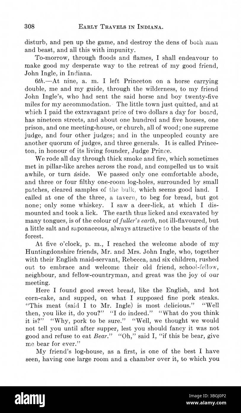 Die Erzählungen in diesem Band geben einen umfassenden Einblick in Indiana, wie sie von frühen Reisenden wie John Melish, Samuel Brown und anderen beobachtet wurden. Die Dokumente konzentrieren sich auf Beobachtungen der Landschaft, des Klimas und des Siedlungspotenzials der Region vom späten 18. Jahrhundert bis zum frühen 19. Jahrhundert. Stockfoto