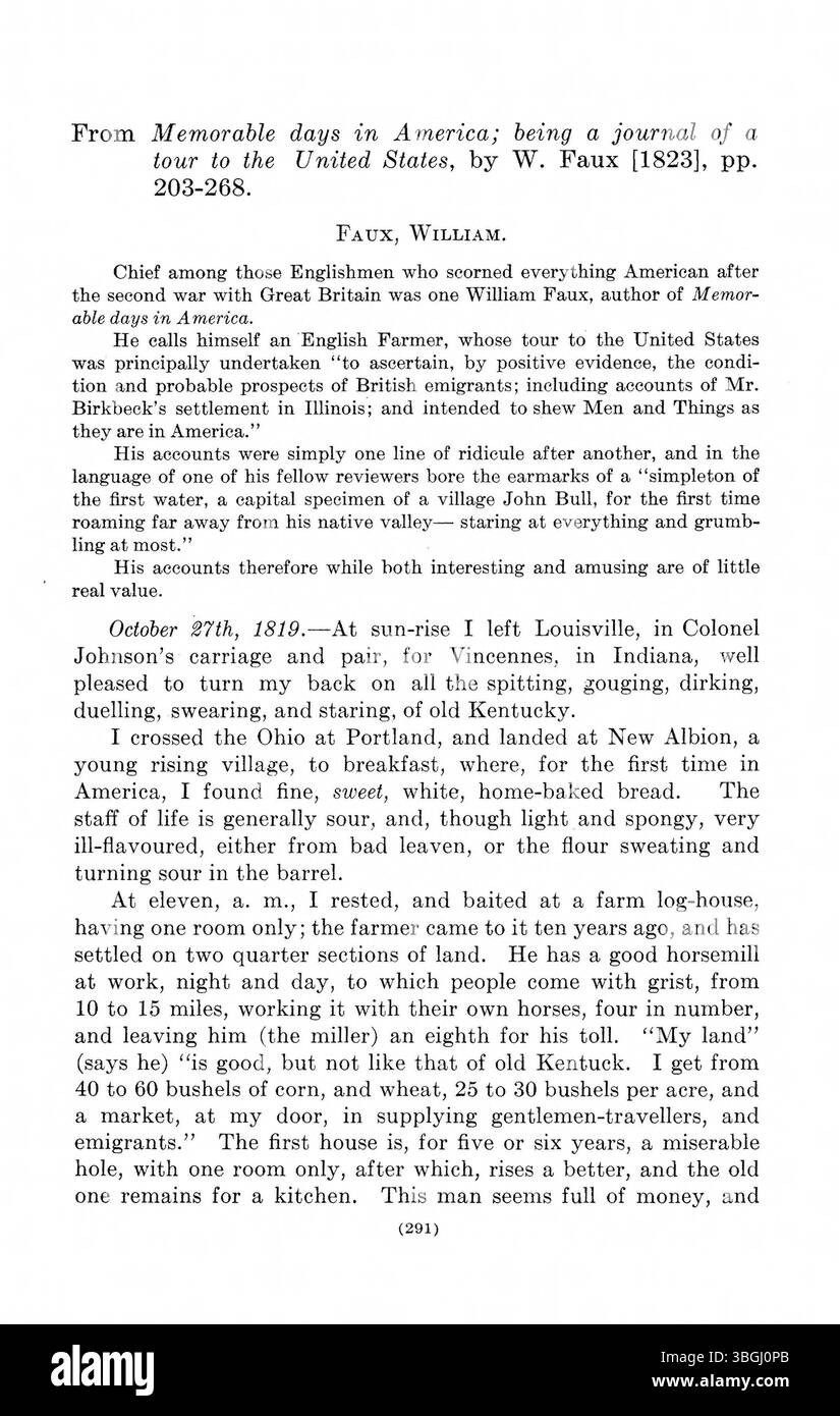 Dieser Abschnitt von „Indiana as seen by Early Travelers“ beschreibt die vielfältigen Beobachtungen von Indianas Land und Klima, von Entdeckern wie John Melish und Morris Birkbeck. Die Berichte betonen das Potenzial von Indiana als Ort für Siedlung und Erkundung in den frühen 1800er Jahren Stockfoto
