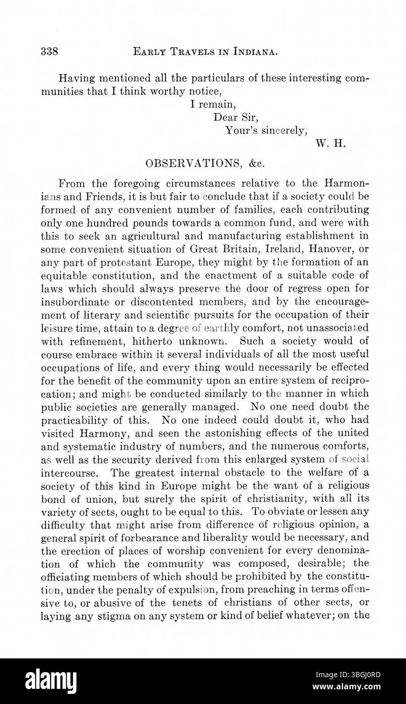 Das Dokument beleuchtet die Werke früherer amerikanischer Reisende, die über Indianas Geographie und natürliche Ressourcen schrieben. Autoren wie Thomas, Melish und Bradbury beschreiben den Boden, das Klima und das Landpotenzial in den frühen 1800er Jahren Stockfoto