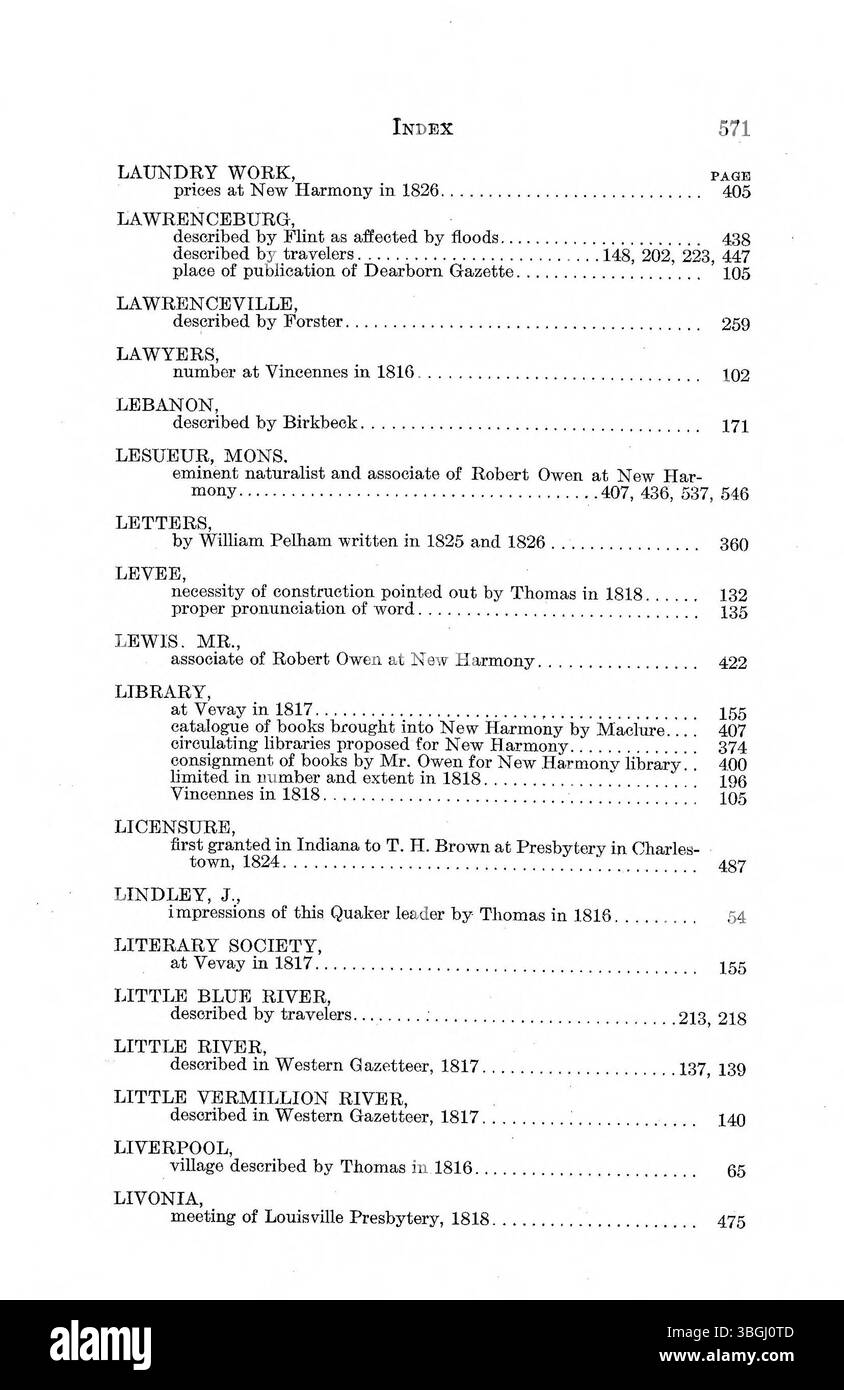 Dieses Dokument enthält eine Sammlung von Schriften früherer amerikanischer Reisende, die Indianas Geographie, Klima und Gesellschaft beschrieben. Darunter sind Werke von Thomas Hutchins, George Imlay, C. F. Volney und anderen zwischen 1778 und 1817, die frühe Einblicke in die Topographie, Siedlung und natürliche Umgebung der Region bieten. Stockfoto