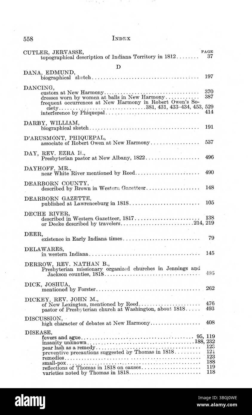 Dieser Abschnitt der 1916 erschienenen Publikation enthält Schriften früherer Reisende über Indiana, mit Beiträgen von prominenten Entdeckern wie Hutchins, Imlay und Bradbury, die die Landschaft, den Boden und die Landschaft beschreiben. Klima und frühe Siedlungen der Region. Stockfoto