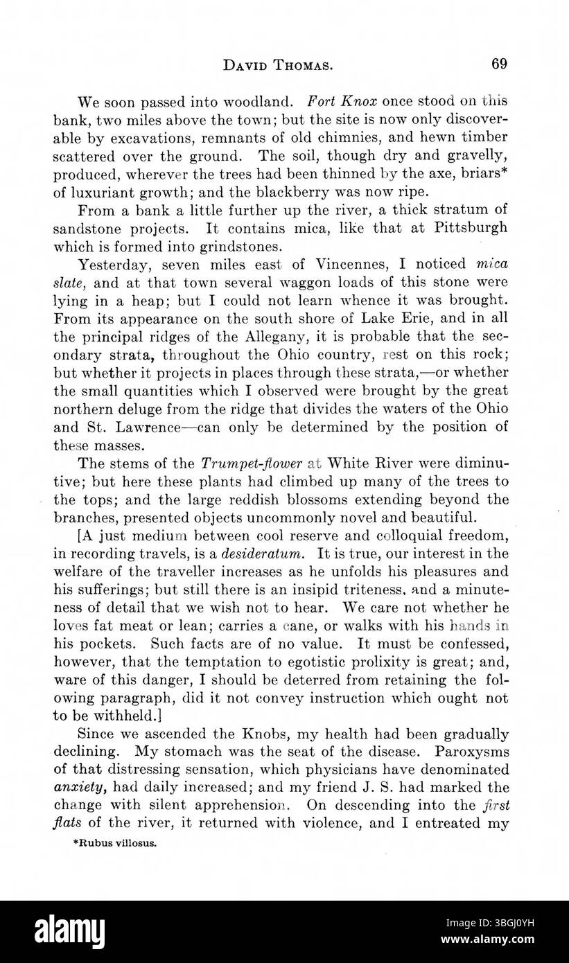 Dieses Werk enthält Berichte von frühen Reisenden, darunter Thomas Hutchins und John Melish, die von 1778 bis 1817 Beschreibungen von Indiana und seinen Territorien lieferten. Stockfoto