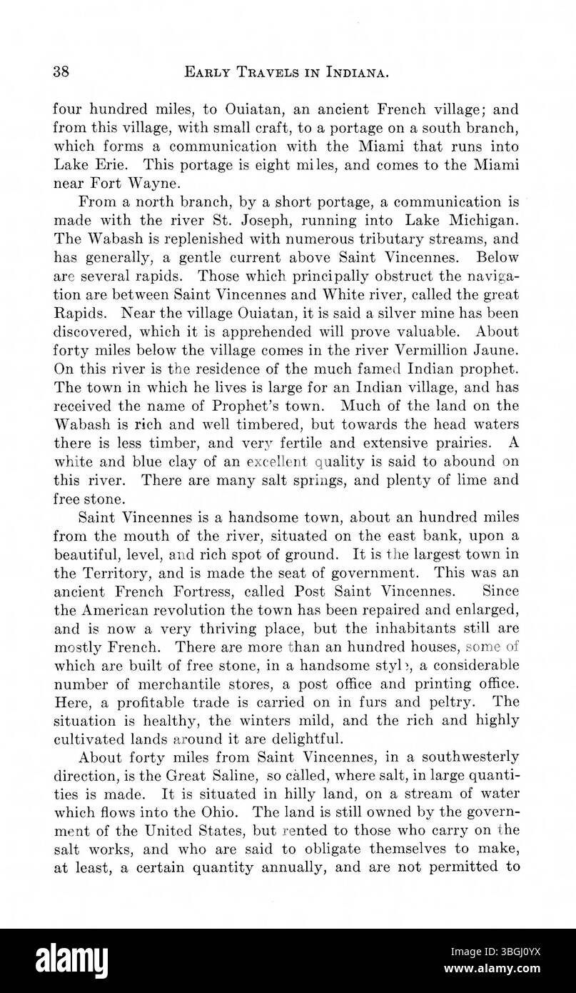 Diese Arbeit erstellt Beschreibungen des Geländes und Klimas Indianas von frühen Entdeckern, darunter Berichte von Hutchins, Imlay und Melish von 1778 bis 1817. Stockfoto