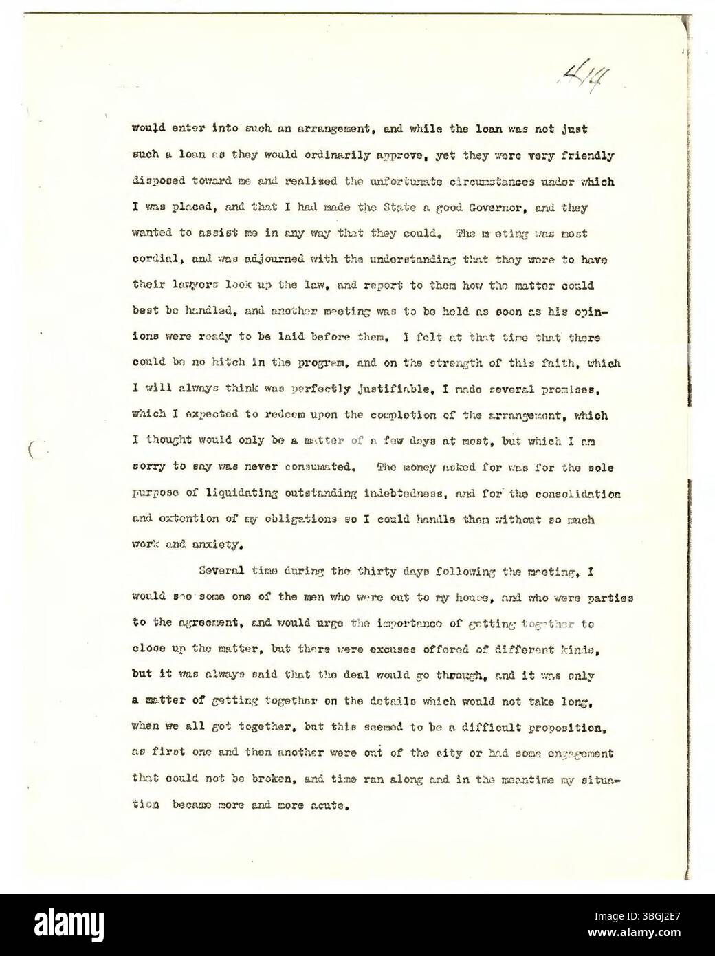 Diese Seite aus den Memoiren von Warren T. McCray (1865–1926) gibt Einblicke in sein Leben, einschließlich seiner Kindheit, seiner familiären Herkunft, seiner Landwirtschaft und seiner unternehmerischen Tätigkeit, politischen Kampagnen und seiner Gouvernementschaft. Das Dokument enthält auch Faxe von juristischen Dokumenten, die sich auf seine Verurteilung wegen Postbetrug und seine Zeit im Bundesgefängnis beziehen. Stockfoto