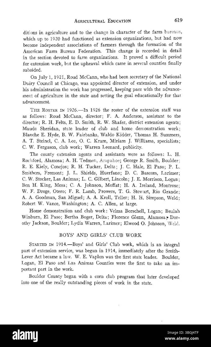 Seite 616 der Agrargeschichte von Colorado 1926 beschreibt Trends in der Pflanzenproduktion und Landnutzung, um 50 Jahre Staatlichkeit zu feiern. Stockfoto