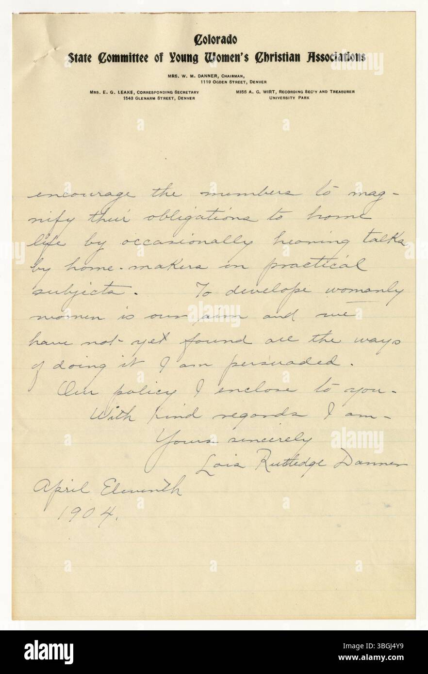 Ein Dokument vom 11. April 1904 widmet sich Lois Rutledge Danner, das biografische Informationen oder verwandte Details über dieses Individuum aus Amerika des frühen 20. Jahrhunderts enthält. Stockfoto