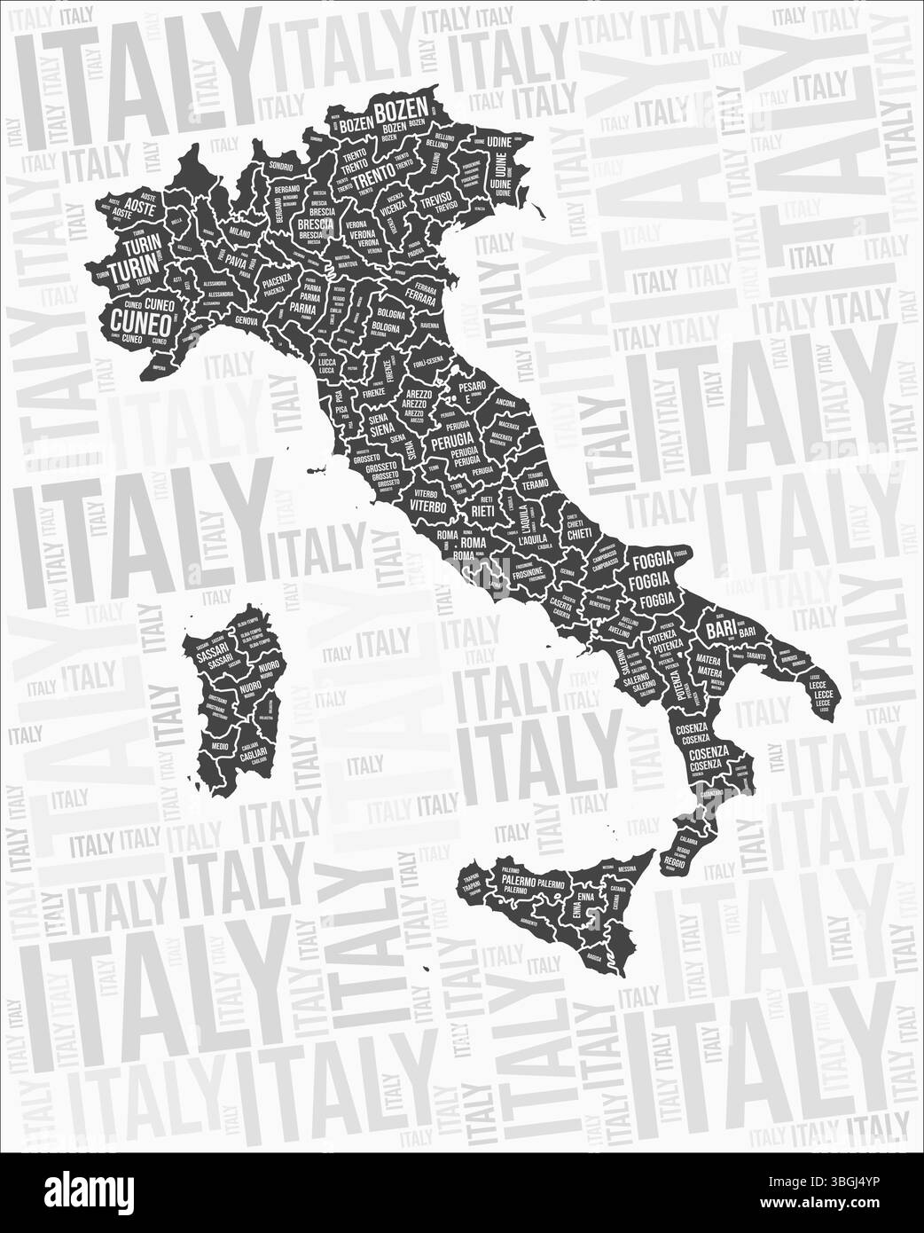 Italien Regionen Map Word Cloud. Namen der Region Italien. Schwarz-weiß-Kartendesign. Lebendige Vektor-Illustration. Stock Vektor