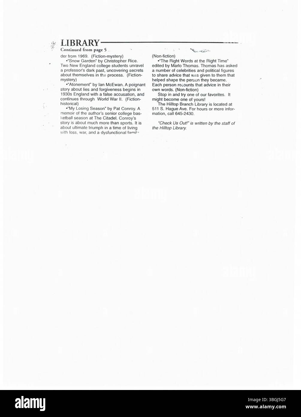 Dies ist eine weitere Sammlung von Pressemeldungen vom Januar 2003, in denen die Bekanntgabe von Bibliotheksprogrammen, Veranstaltungen und Änderungen der Dienste, die an lokale Medien verteilt werden, detailliert beschrieben wird. Stockfoto