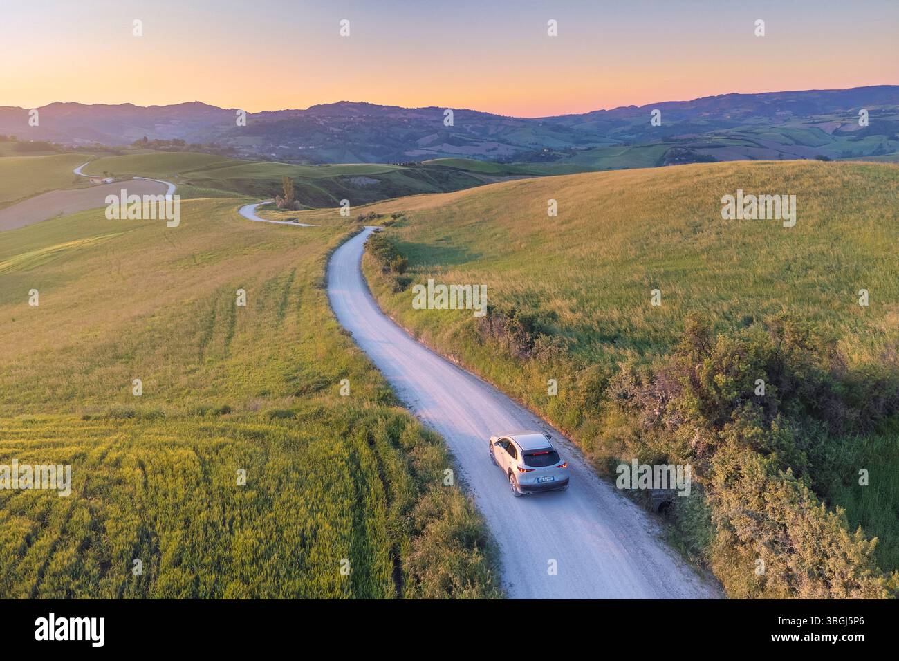 Sonnenaufgang am frühen Morgen über den grünen Hügeln von Petriano, mit einer Straße durch die ruhige Landschaft, Provinz Pesaro Urbino, Marken, Italien Stockfoto