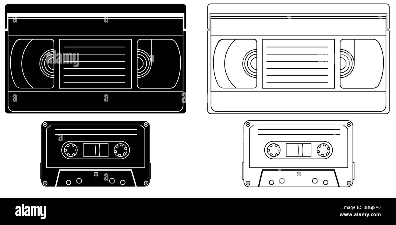 Retro-Video- und Audio-Kassetten, Audio-visuelles Grafikelement isoliert auf einem transparenten Hintergrund Stock Vektor