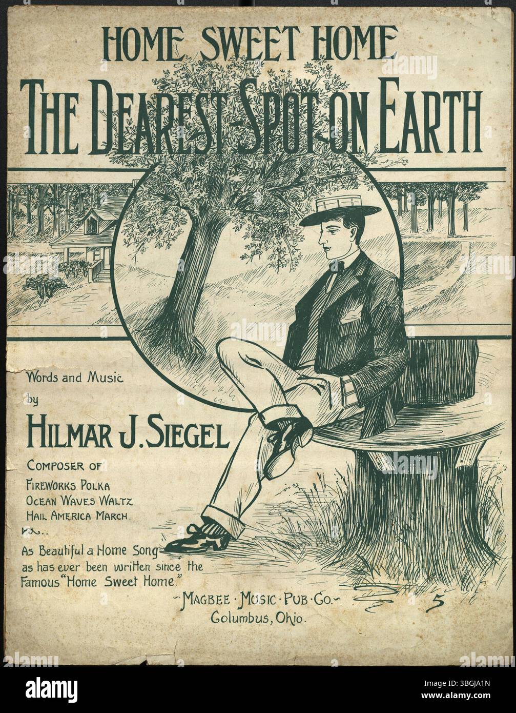 Dieses Cover aus dem Jahr 1913 zeigt eine Illustration eines jungen Mannes in Anzug und Strohhut, der auf einer Bank unter einem Baum sitzt. Das Lied Home Sweet Home ist bekannt für seinen anhaltenden emotionalen Reiz als beliebte amerikanische Ballade. Stockfoto