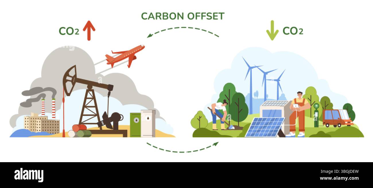 CO2-Kompensationskonzept. Die Menschen reduzieren die CO2-Verschmutzung durch Fabriken. Kontrolle des Dioxisgleichgewichts, neutrale Klimastrategie oder saubere Atmosphäre. Nettonemissionsfrei, auf die Umwelt achten Stock Vektor