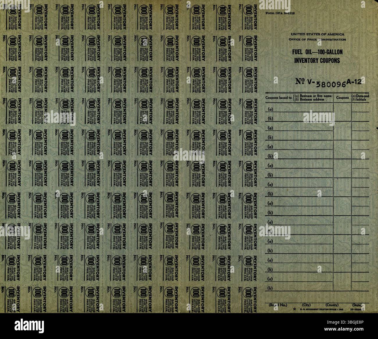 Die Sammlung von Rationierungsdenkmälern aus dem Jahr 1942-1947 dokumentiert die Rolle des Office of Price Administration (OPA) und seine Bemühungen, die Inflation während des Zweiten Weltkriegs durch Rationierungsmaßnahmen und Preisstabilisierungsmaßnahmen zu kontrollieren. Stockfoto