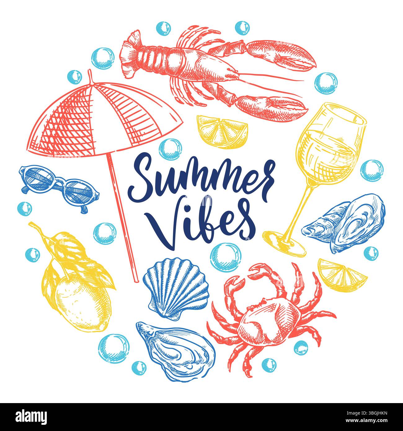 Kalligraphie mit mediterranen Doodle-Elementen, handgezeichneter Hummer, Zitrone, Wein, Regenschirm. Vektorskizze im Kreislayout für Druck, ganzheitlich Stock Vektor