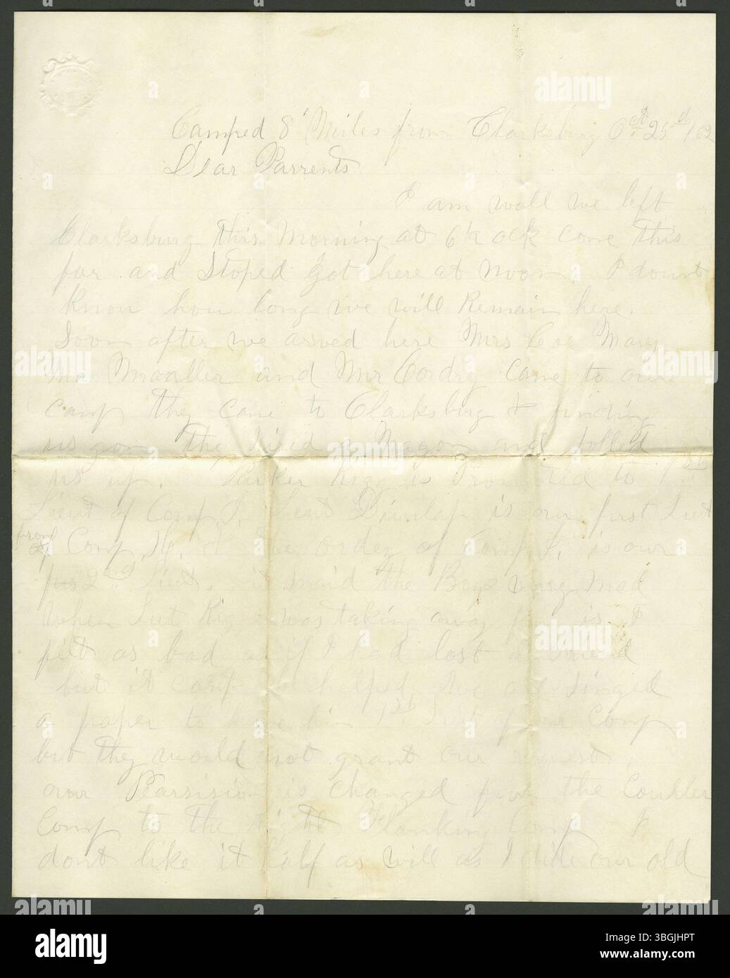 Brief vom 25. Oktober 1862 von Edwin Brown an Almyra Brown, geschrieben auf einem Campingplatz 13 Meilen von Clarksburg, West Virginia. Stockfoto