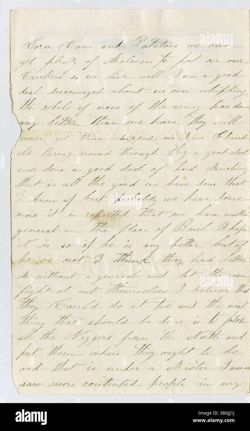 Am 1. November 1862 schrieb Joseph Aplin Martin einen Brief an Eleanor Kelley, in dem er Einblicke in persönliche und möglicherweise kriegerische Angelegenheiten während des Bürgerkriegs gab. Der Brief ist Teil der historischen Korrespondenz aus dieser Zeit. Stockfoto