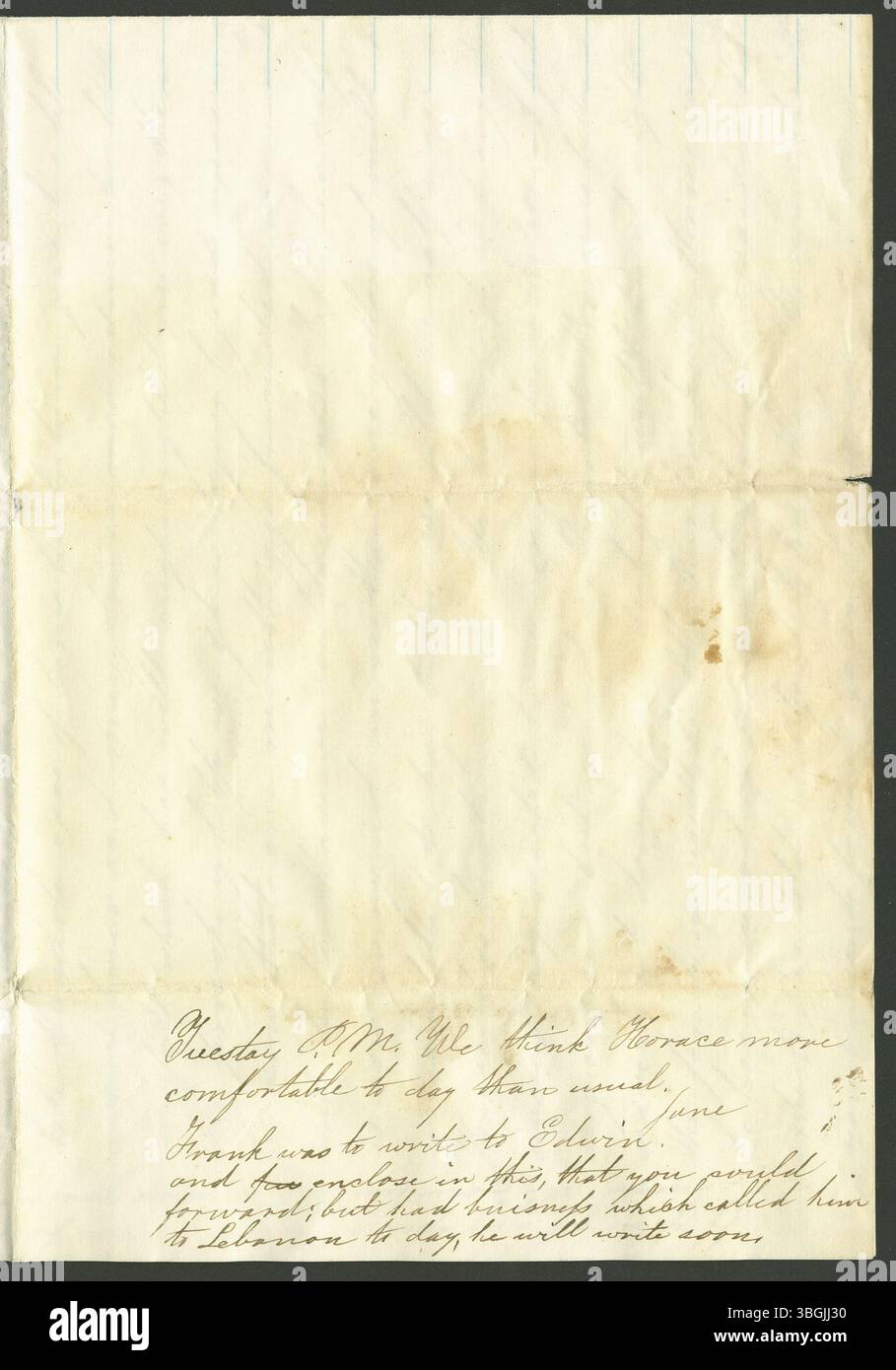 Dieser Brief vom 16. Juni 1862 wurde von Jane Coulter an Almyra Brown geschrieben. Der Standort des Briefes ist der Südlibanon im Warren County, Ohio, obwohl er nicht explizit erwähnt wird. Stockfoto
