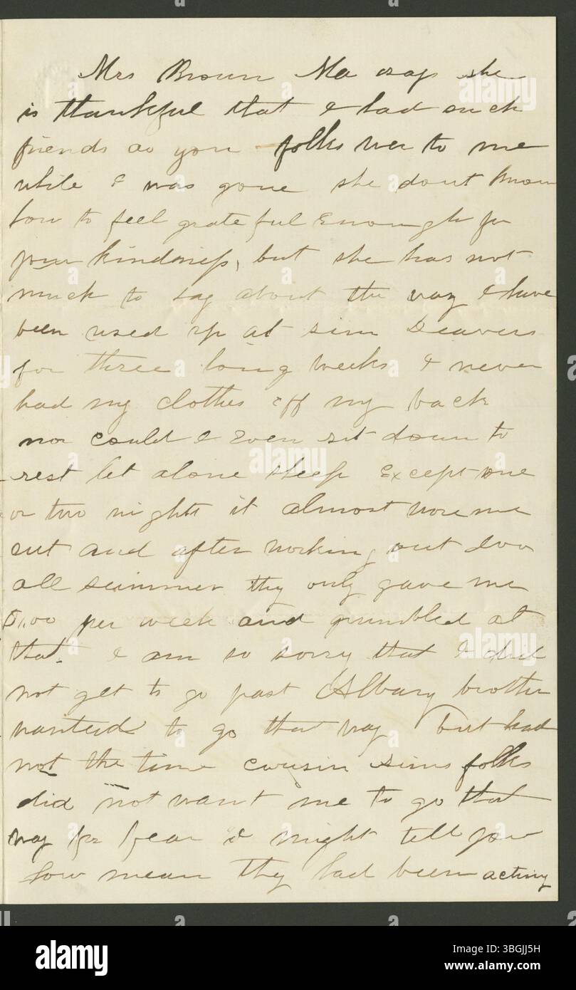 Emma Hudgell schrieb diesen Brief am 28. September 1863 an Almyra Brown, in dem er persönliche Angelegenheiten erörterte. Obwohl Hudgell ihren Standort nicht explizit angibt, wird angenommen, dass er in der Nähe von McArthur im Vinton County, Ohio geschrieben wurde und das Privatleben von Individuen während des Bürgerkriegs widerspiegelt. Stockfoto