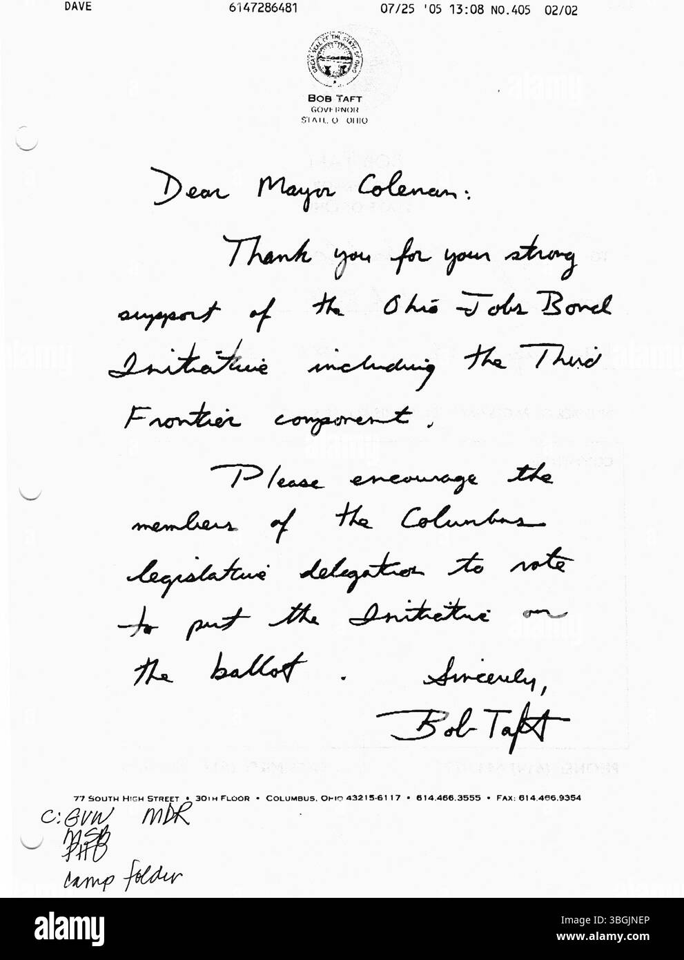 Diese Sammlung von Pressemitteilungen aus dem Büro von Bürgermeister Michael Coleman im Jahr 2005 zeigt seine fortwährende Führung in Columbus. Coleman, der von 2000 bis 2016 Bürgermeister war, war der erste afroamerikanische Bürgermeister der Stadt und spielte eine wichtige Rolle bei der Gestaltung der politischen Landschaft Columbus. Stockfoto