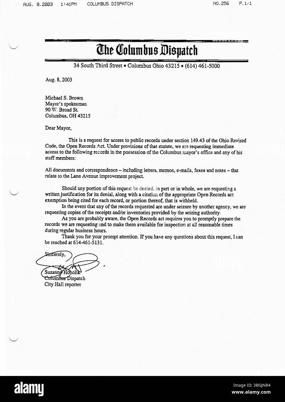 Diese Pressemitteilungen aus dem Büro von Bürgermeister Michael Coleman aus dem Jahr 2003 enthalten aktuelle Informationen zu Stadtinitiativen und politischen Entwicklungen. Als erster afroamerikanischer Bürgermeister von Columbus führte Coleman die Stadt von 2000 bis 2016, wobei der Schwerpunkt auf Stadterneuerung und Verbesserungen der öffentlichen Politik lag. Stockfoto