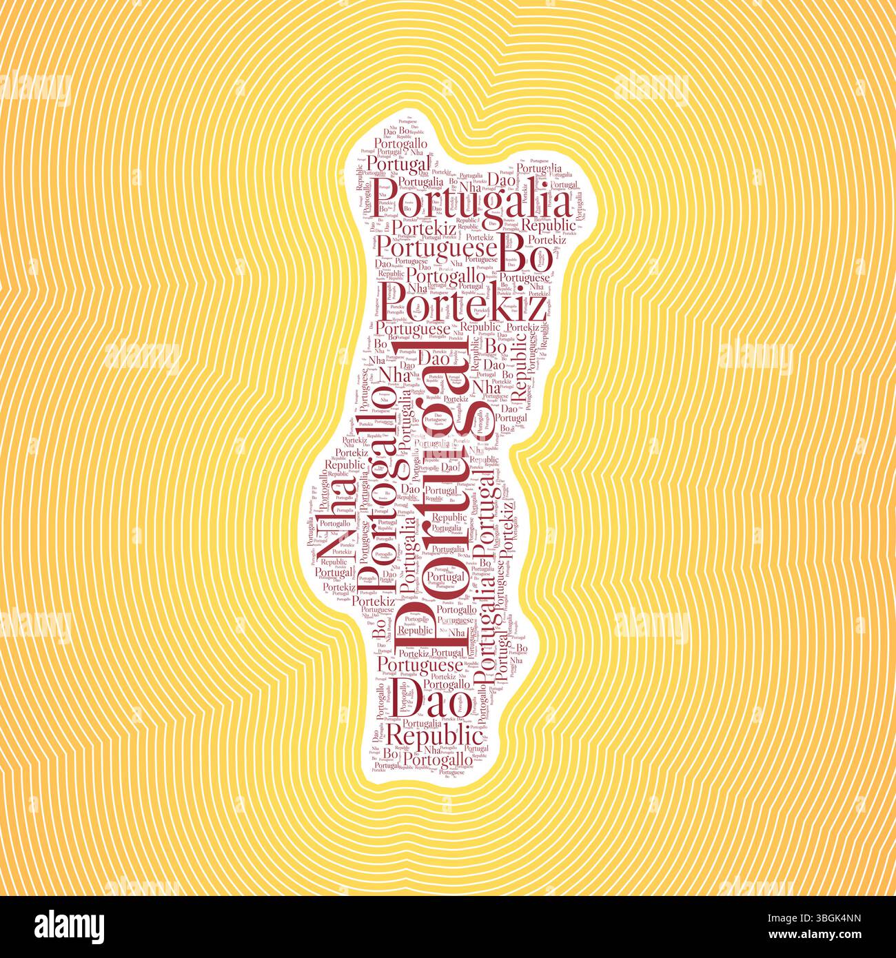 Portugal Form durch Ländernamen in mehreren Sprachen. Portugal-Borte auf stilvollem gestreiftem Hintergrund mit Farbverlauf. Lebendiges Poster. Stock Vektor