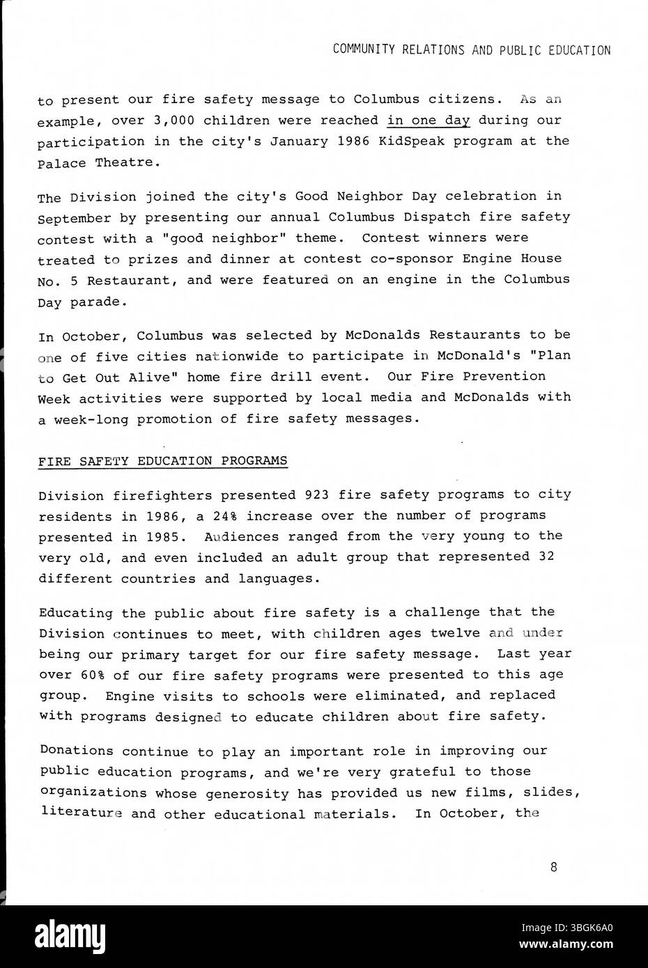 Dieser Bericht der Columbus Division of Fire aus dem Jahr 1986 behandelt die wichtigsten betrieblichen und administrativen Details der Abteilung, wobei der Schwerpunkt auf Brandsicherheitsinitiativen, Leistungskennzahlen und Bemühungen zur Verbesserung der Notfallmaßnahmen liegt. Stockfoto