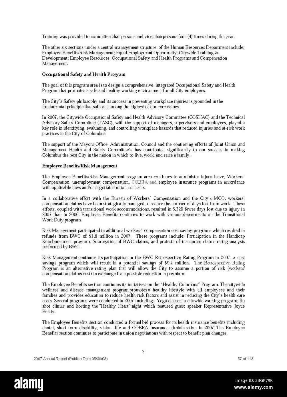 Der Jahresbericht 2007 von Columbus City umfasst die Finanzeinnahmen und -Ausgaben für das Jahr, einschließlich der Berichte des Ausschusses der Wege und Mittel, des Stadtschatzers und des Stadtschatzmeisters über das Finanzmanagement. Stockfoto