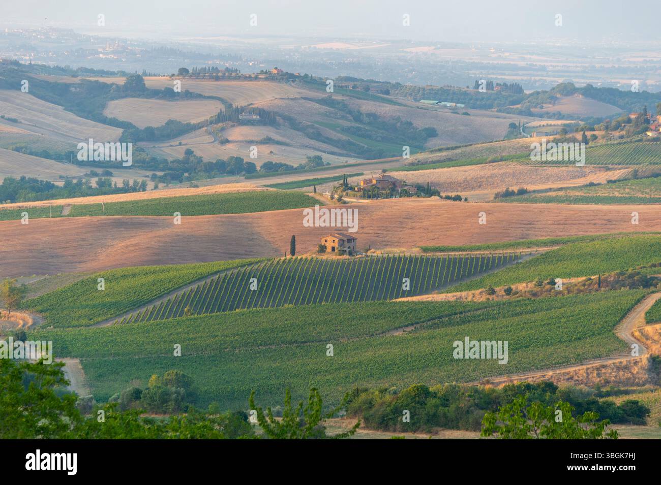 Hügelige Landschaft in der Toskana, Blick von der oberen Stadtmauer von Montepulciano, Toskana, Italien, Europa Stockfoto