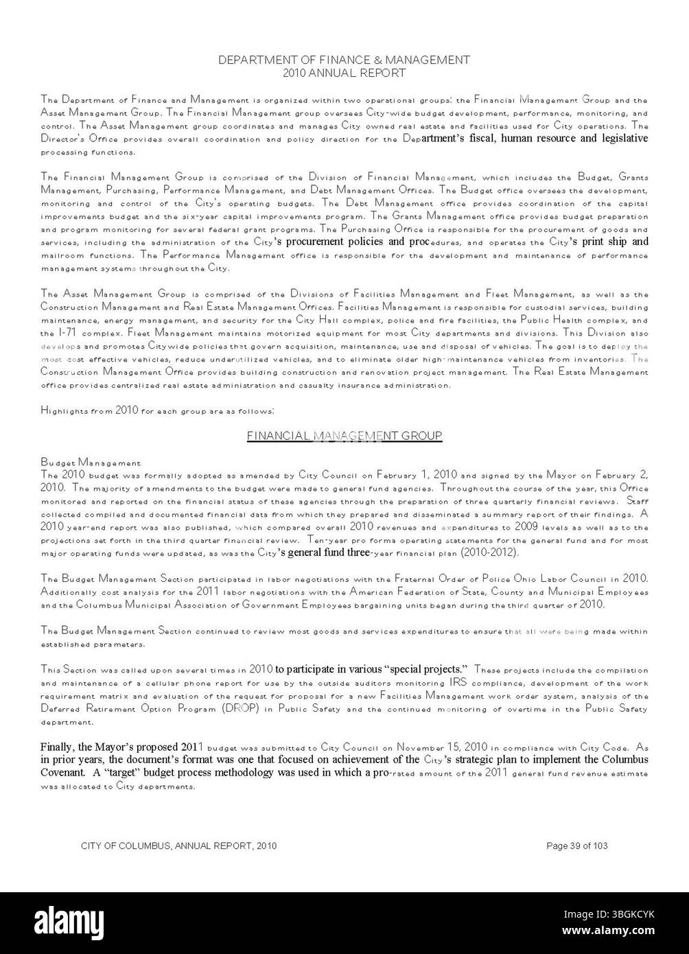 Der Jahresbericht 2009 der Stadt Columbus enthält eine vollständige Finanzübersicht über die Einnahmen und Ausgaben der Stadt, einschließlich der Berichte des Stadtschulers, des Komitees der Wege und Mittel und des Stadtschatzmeisters. In der Auswertung werden das Budget und die Steuervorgänge der Stadt detailliert aufgeführt. Stockfoto