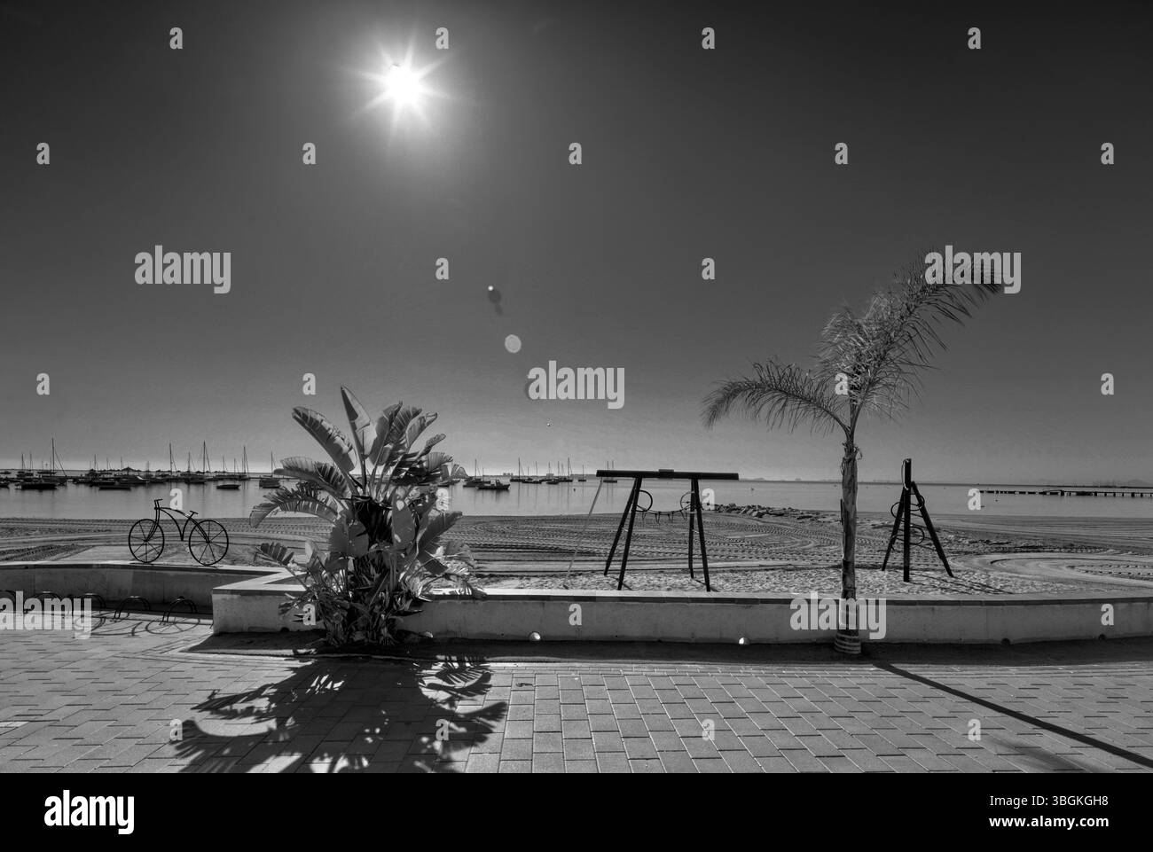 Playa Barnuevo, Strand, Boote, Idylle, Architektur, Santiago de Ribera, Mar Menor, autonome Region Murcia, Spanien, Stockfoto