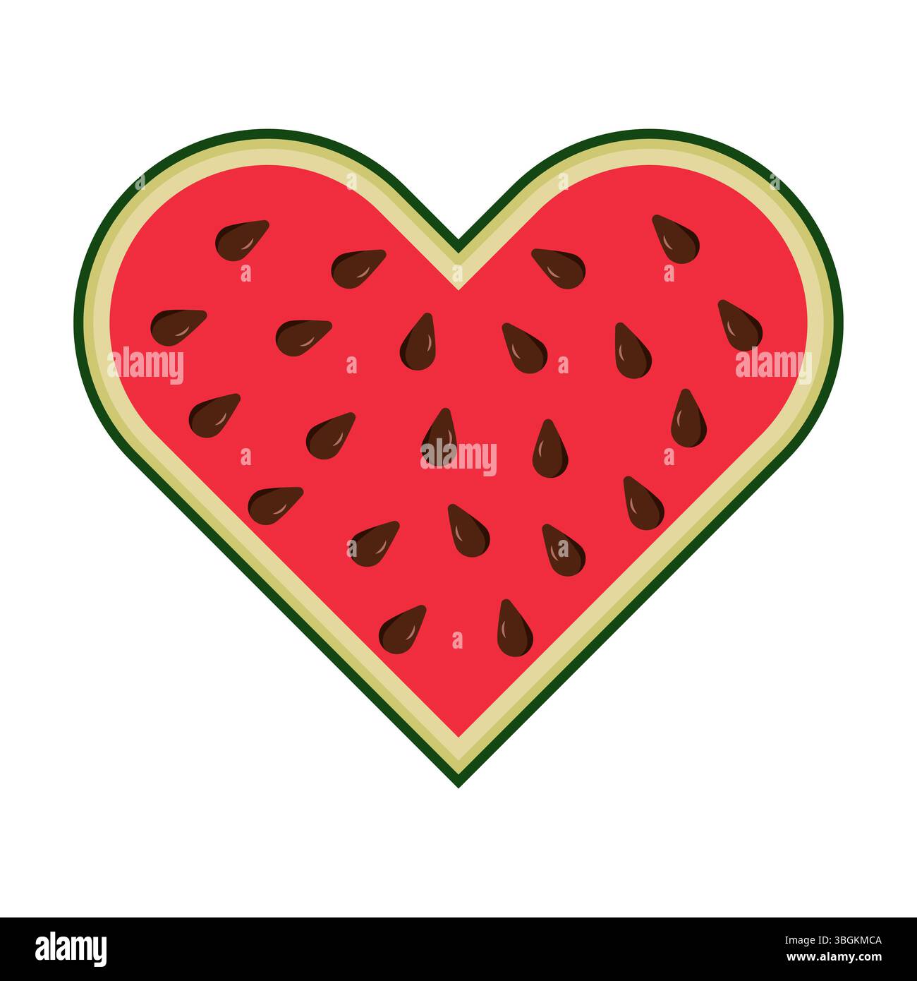 Herzförmige Wassermelonenscheibe mit Samen Vektor-Illustration. Eine bunte Vektor-Illustration einer Wassermelonenscheibe in Form eines Herzens. Stock Vektor