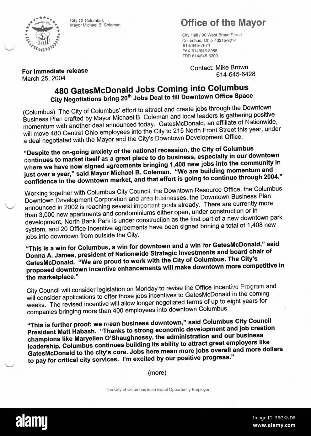 Das Büro des Bürgermeisters Michael Coleman veröffentlichte 2004 Pressemitteilungen, in denen wichtige Entwicklungen in der Stadtpolitik, den staatlichen Maßnahmen und der Stadtführung vorgestellt wurden. Diese Veröffentlichungen dokumentieren wichtige Momente aus seinen vier Amtszeiten als Bürgermeister und seinen politischen Beiträgen in Columbus, Ohio. Stockfoto