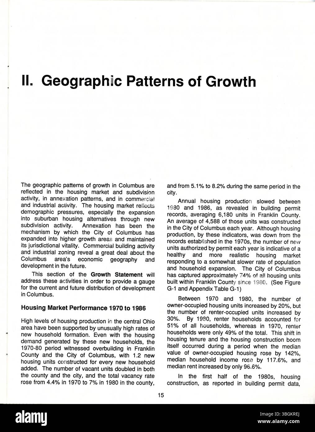 In der Wachstumserklärung 1988 werden die demografischen, geografischen und wirtschaftlichen Trends von Columbus untersucht, um aktuelle Entwicklungen und zukünftige Möglichkeiten zu verstehen. Seit 1977 hat dieser zweijährliche Bericht dazu beigetragen, die Diskussionen über das Wachstumsmanagement zu leiten und so zum umfassenden Plan- und Kapitalverbesserungsprogramm der Stadt beizutragen. Stockfoto