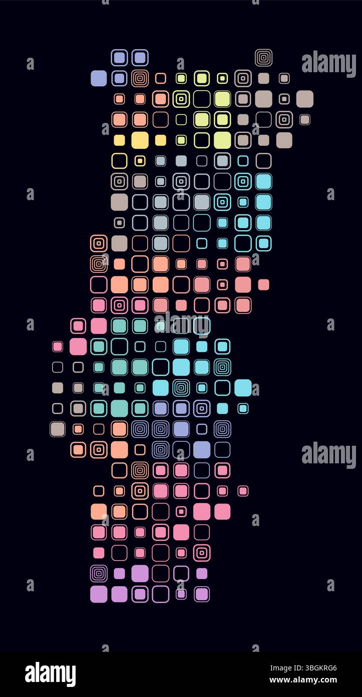 Portugal, Gestalt des Landes aus farbigen Zellen. Digitale Karte von Portugal auf dunklem Hintergrund. Große abgerundete quadratische Blöcke. Stock Vektor